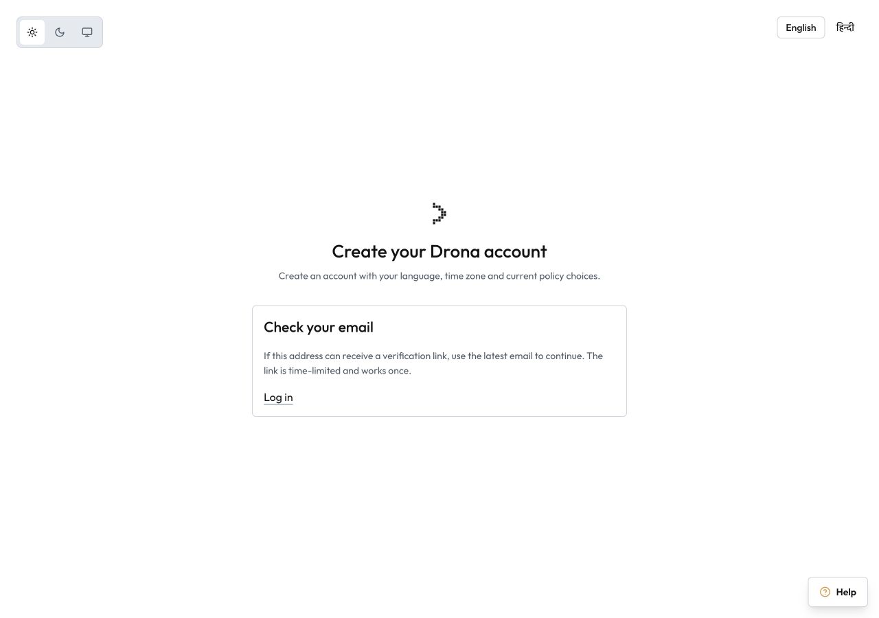 A neutral confirmation asks the user to check their email for a verification link