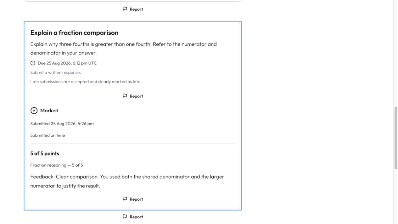 A marked assignment shows the assessment result and tutor feedback