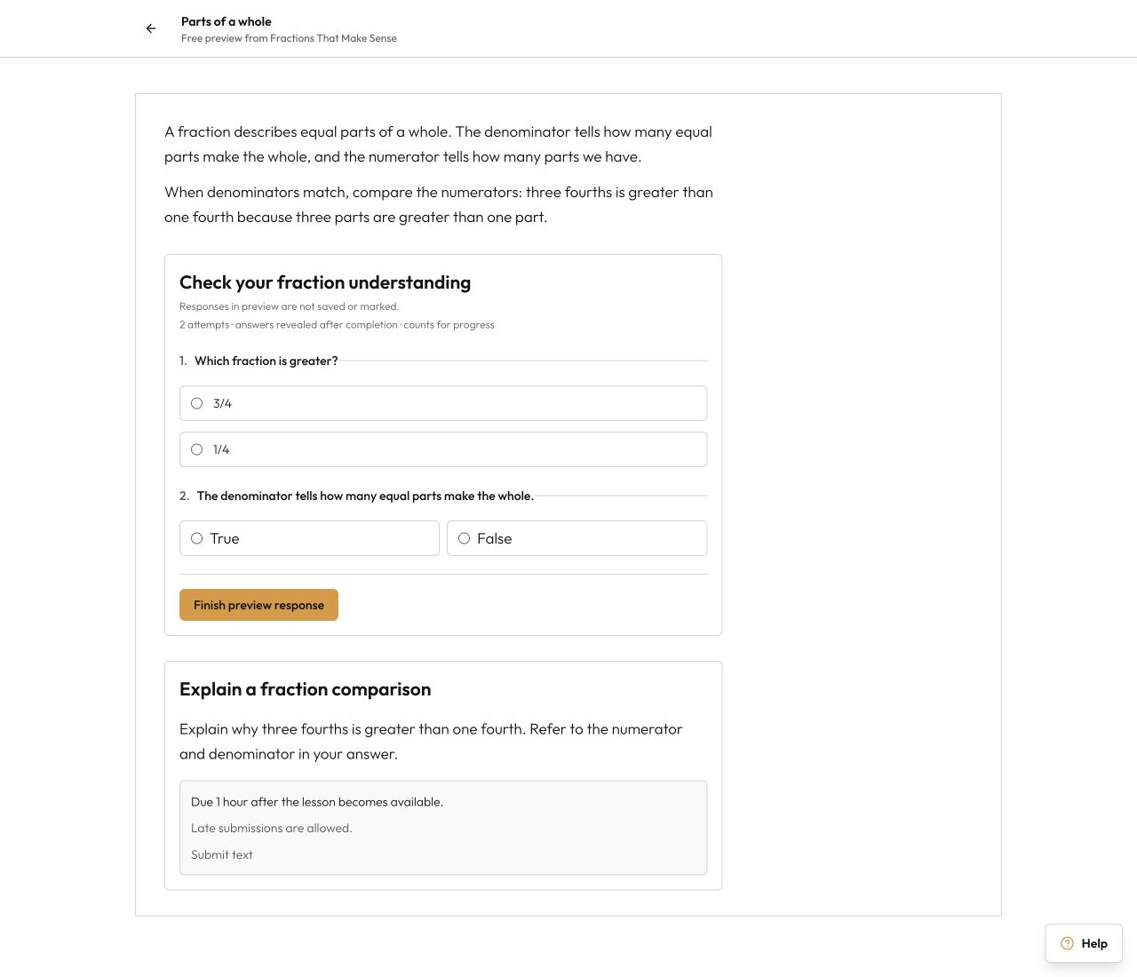 An anonymous course preview shows lesson and assessment examples