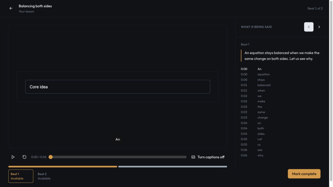The dark lesson stage shows playback controls, captions and transcript navigation